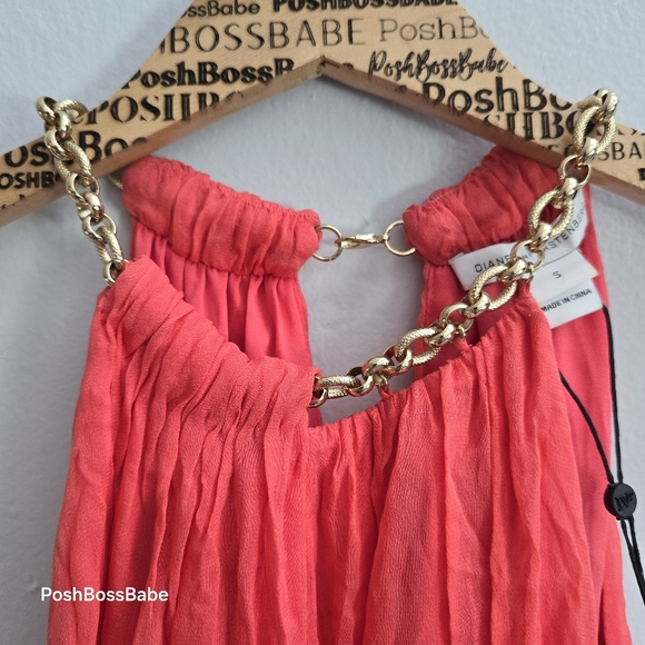 DVF AUBREY TWO OCEAN CORAL 100% SILK GOLD CHAIN NECKLINE BLOUSE SLEEVELESS - Picture 4 of 9